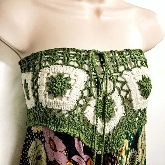 Thai Green Floral Crocheted Bodice Midi Summer Dress Sz S/M - Picture 3 of 11